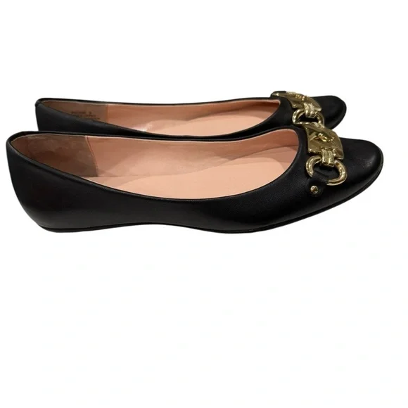 Kate Spade New York Black Leather Ballet Flats Phoebe Size 8 Slip on Gold Logo - Picture 2 of 6
